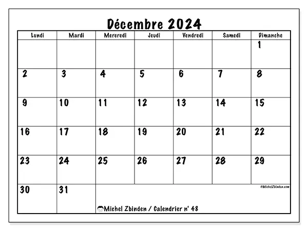 Calendrier n° 48 pour décembre 2024 à imprimer gratuit. Semaine : Lundi à dimanche.