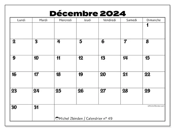 Calendrier n° 49 pour décembre 2024 à imprimer gratuit. Semaine : Lundi à dimanche.