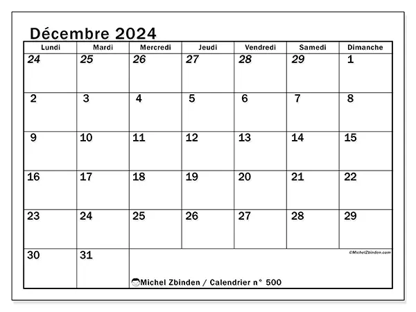 Calendrier n° 500 à imprimer gratuit, décembre 2025. Semaine :  Lundi à dimanche
