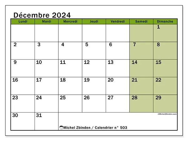 Calendrier n° 503 pour décembre 2024 à imprimer gratuit. Semaine : Lundi à dimanche.