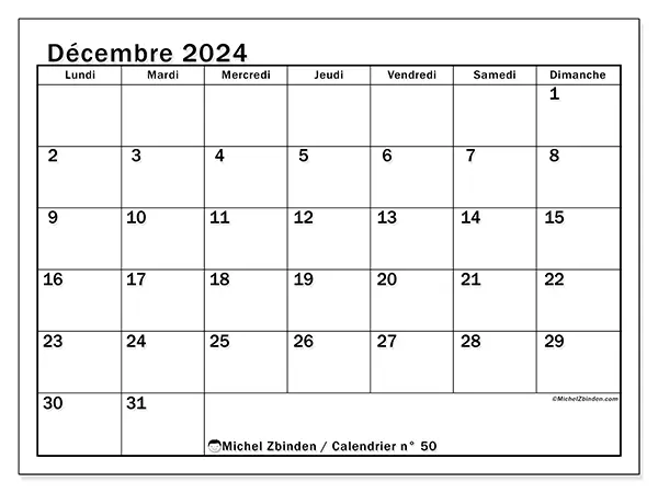 Calendrier n° 50 pour décembre 2024 à imprimer gratuit. Semaine : Lundi à dimanche.