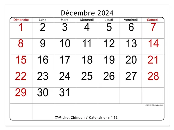 Calendrier n° 62 pour décembre 2024 à imprimer gratuit. Semaine : Dimanche à samedi.