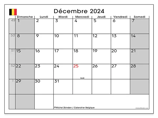 Calendrier Belgique pour décembre 2024 à imprimer gratuit. Semaine : Dimanche à samedi.