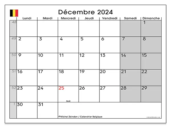 Calendrier Belgique pour décembre 2024 à imprimer gratuit. Semaine : Lundi à dimanche.