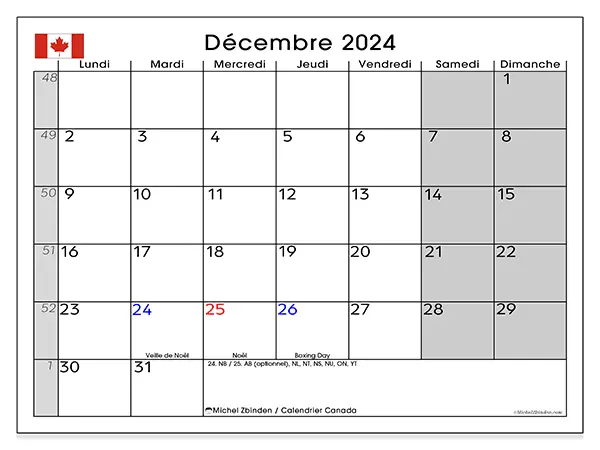 Calendrier Canada pour décembre 2024 à imprimer gratuit. Semaine : Lundi à dimanche.