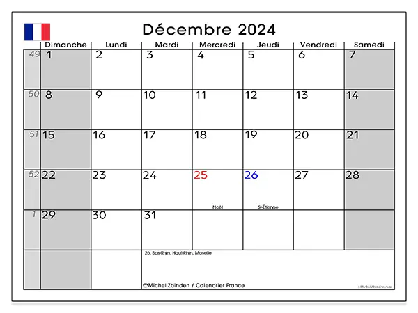 Calendrier France pour décembre 2024 à imprimer gratuit. Semaine : Dimanche à samedi.