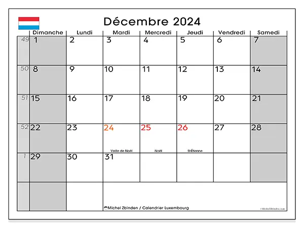 Calendrier Luxembourg pour décembre 2024 à imprimer gratuit. Semaine : Dimanche à samedi.