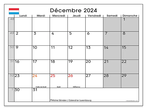 Calendrier Luxembourg pour décembre 2024 à imprimer gratuit. Semaine : Lundi à dimanche.