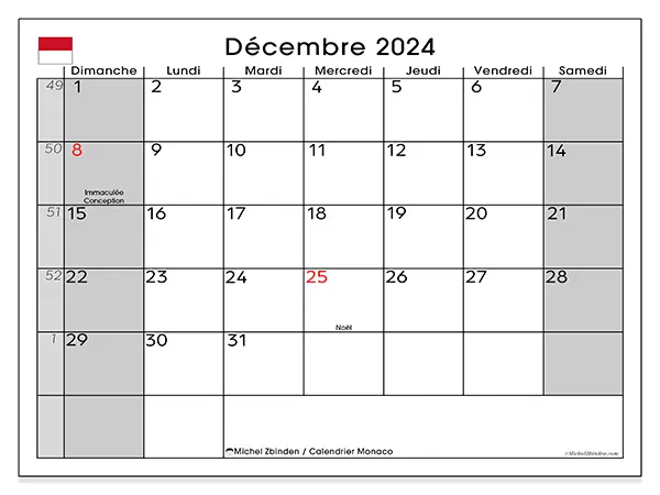 Calendrier Monaco pour décembre 2024 à imprimer gratuit. Semaine : Dimanche à samedi.