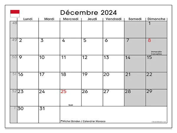 Calendrier Monaco pour décembre 2024 à imprimer gratuit. Semaine : Lundi à dimanche.