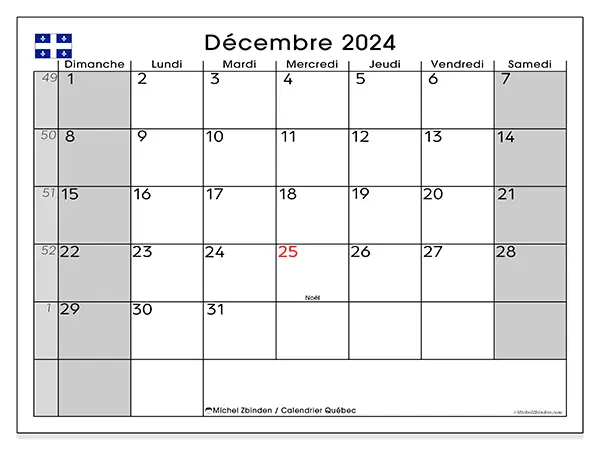 Calendrier Québec pour décembre 2024 à imprimer gratuit. Semaine : Dimanche à samedi.