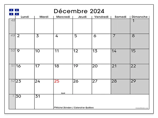 Calendrier Québec pour décembre 2024 à imprimer gratuit. Semaine : Lundi à dimanche.