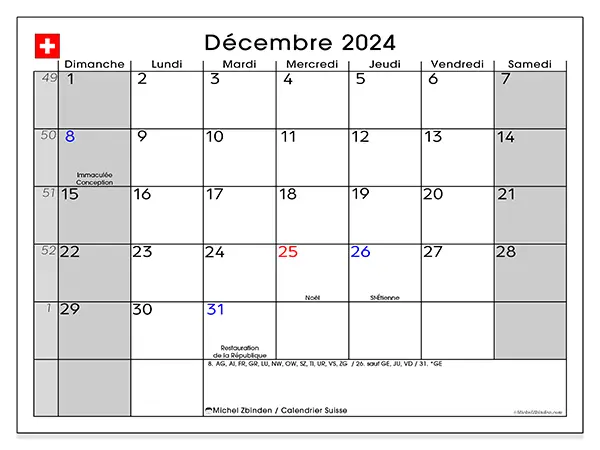 Calendrier Suisse pour décembre 2024 à imprimer gratuit. Semaine : Dimanche à samedi.