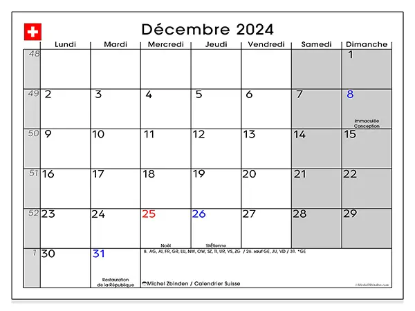 Calendrier Suisse pour décembre 2024 à imprimer gratuit. Semaine : Lundi à dimanche.