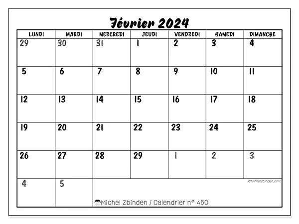 Calendrier n° 450 à imprimer gratuit, février 2025. Semaine :  Lundi à dimanche