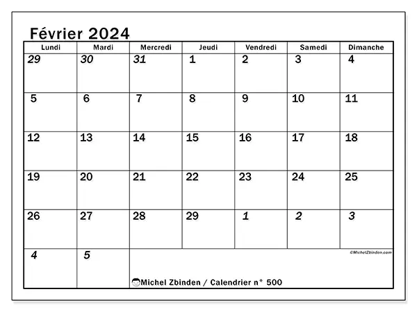 Calendrier n° 500 à imprimer gratuit, février 2025. Semaine :  Lundi à dimanche
