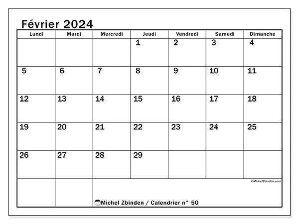 Calendrier n° 50 à imprimer gratuit, février 2025. Semaine :  Lundi à dimanche