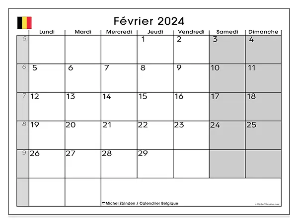Calendrier Belgique à imprimer gratuit, février 2025. Semaine :  Lundi à dimanche