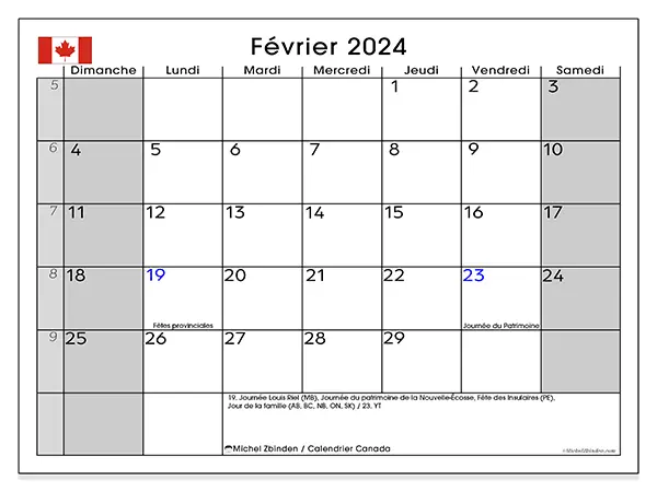 Calendrier Canada pour février 2024 à imprimer gratuit. Semaine : Dimanche à samedi.