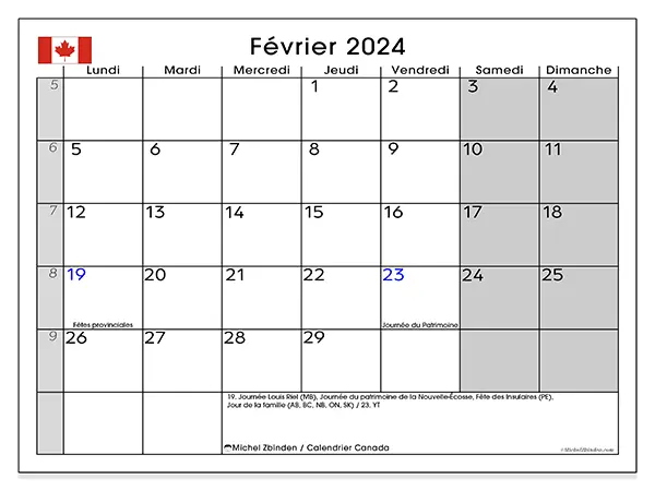 Calendrier Canada pour février 2024 à imprimer gratuit. Semaine : Lundi à dimanche.