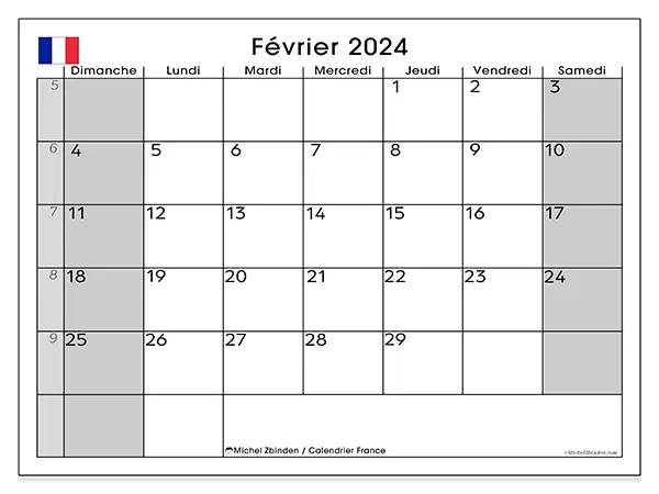 Calendrier France pour février 2024 à imprimer gratuit. Semaine : Dimanche à samedi.