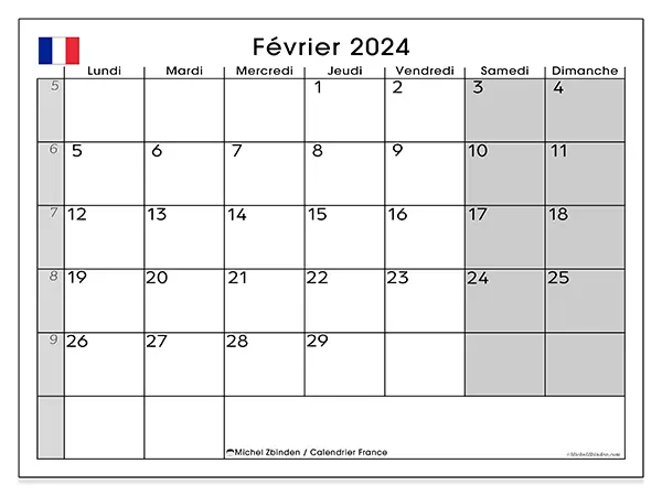 Calendrier France pour février 2024 à imprimer gratuit. Semaine : Lundi à dimanche.