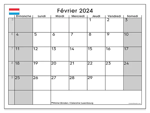 Calendrier Luxembourg pour février 2024 à imprimer gratuit. Semaine : Dimanche à samedi.