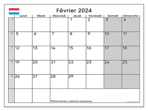Calendrier Luxembourg pour février 2024 à imprimer gratuit. Semaine : Lundi à dimanche.
