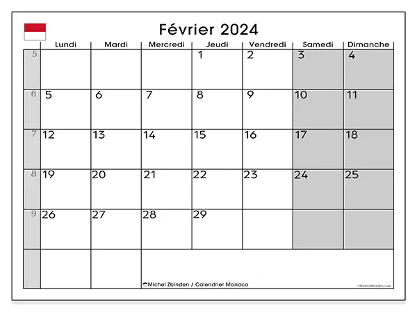 Calendrier Monaco à imprimer gratuit, février 2025. Semaine :  Lundi à dimanche