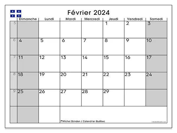Calendrier Québec pour février 2024 à imprimer gratuit. Semaine : Dimanche à samedi.