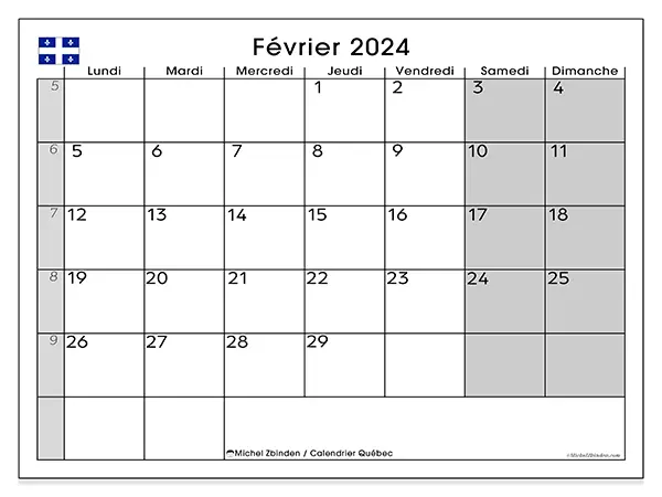 Calendrier Québec pour février 2024 à imprimer gratuit. Semaine : Lundi à dimanche.