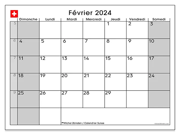 Calendrier Suisse pour février 2024 à imprimer gratuit. Semaine : Dimanche à samedi.