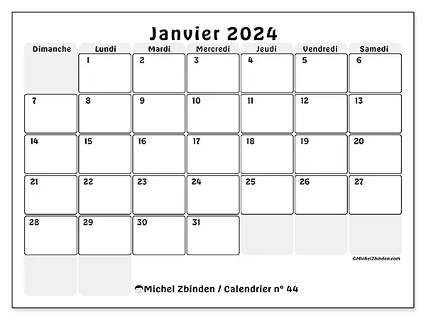 Calendrier n° 44 à imprimer gratuit, janvier 2025. Semaine :  Dimanche à samedi