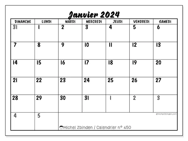 Calendrier n° 450 à imprimer gratuit, janvier 2025. Semaine :  Dimanche à samedi