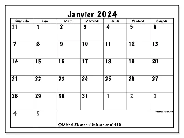Calendrier n° 480 à imprimer gratuit, janvier 2025. Semaine :  Dimanche à samedi