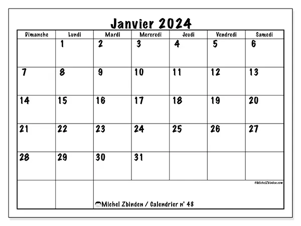 Calendrier n° 48 à imprimer gratuit, janvier 2025. Semaine :  Dimanche à samedi
