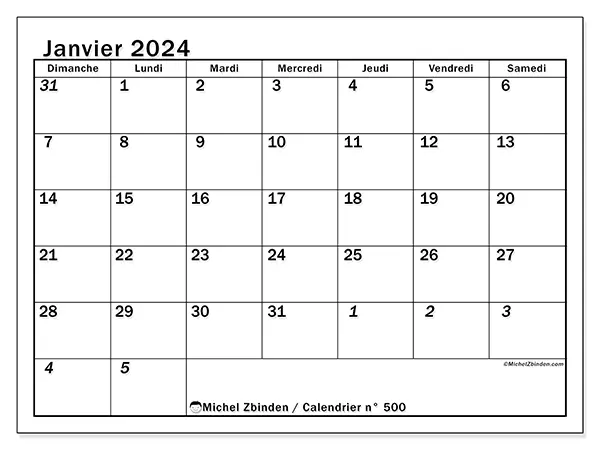Calendrier n° 500 à imprimer gratuit, janvier 2025. Semaine :  Dimanche à samedi