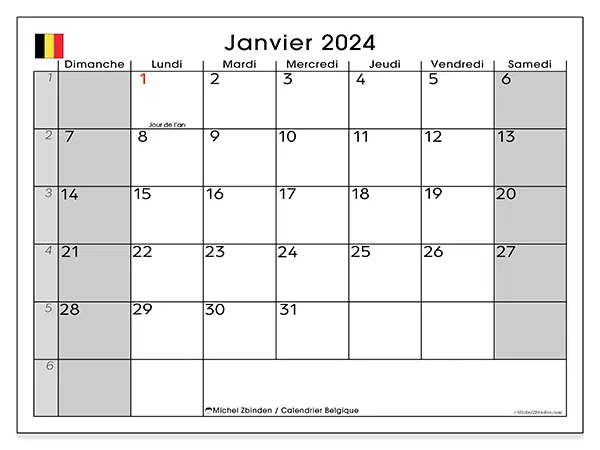 Calendrier Belgique à imprimer gratuit, janvier 2025. Semaine :  Dimanche à samedi