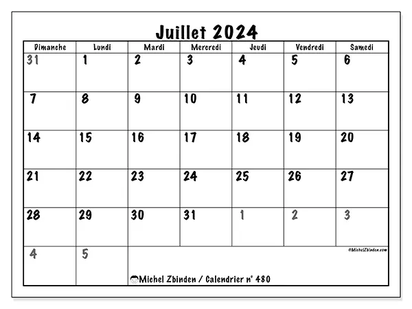 Calendrier n° 480 pour juillet 2024 à imprimer gratuit. Semaine : Dimanche à samedi.