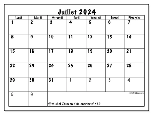 Calendrier n° 480 pour juillet 2024 à imprimer gratuit. Semaine : Lundi à dimanche.
