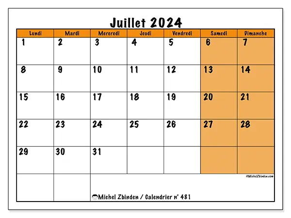 Calendrier n° 481 pour juillet 2024 à imprimer gratuit. Semaine : Lundi à dimanche.