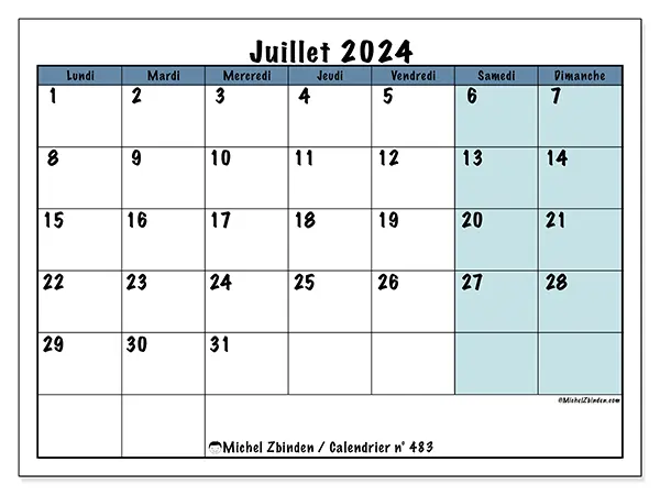 Calendrier n° 483 pour juillet 2024 à imprimer gratuit. Semaine : Lundi à dimanche.