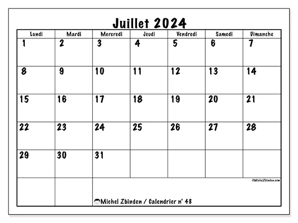Calendrier n° 48 pour juillet 2024 à imprimer gratuit. Semaine : Lundi à dimanche.