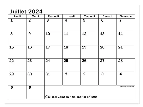Calendrier n° 500 pour juillet 2024 à imprimer gratuit. Semaine : Lundi à dimanche.