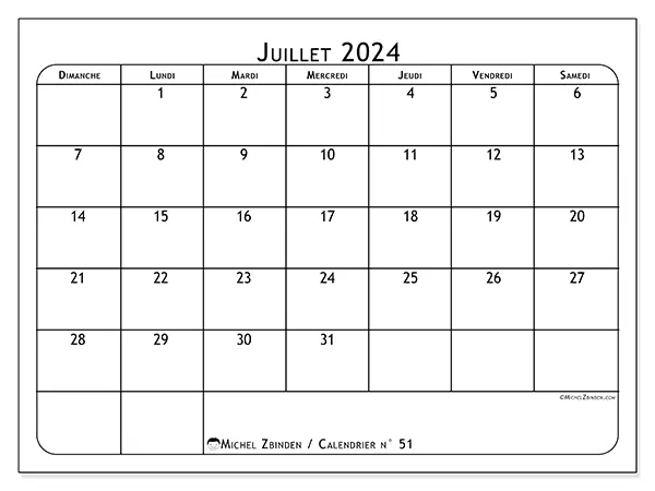 Calendrier n° 51 pour juillet 2024 à imprimer gratuit. Semaine : Dimanche à samedi.