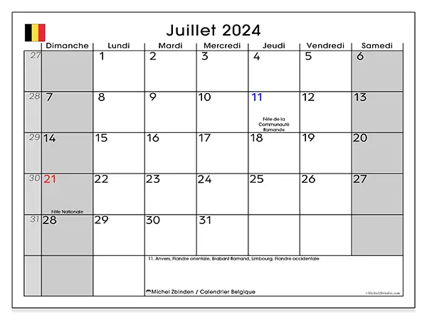 Calendrier Belgique pour juillet 2024 à imprimer gratuit. Semaine : Dimanche à samedi.
