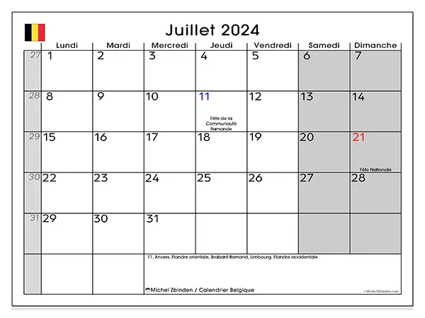 Calendrier Belgique pour juillet 2024 à imprimer gratuit. Semaine : Lundi à dimanche.