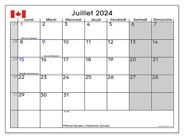 Calendrier Canada pour juillet 2024 à imprimer gratuit. Semaine : Lundi à dimanche.