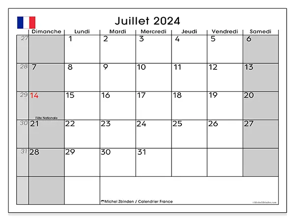 Calendrier France pour juillet 2024 à imprimer gratuit. Semaine : Dimanche à samedi.