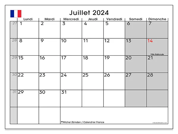 Calendrier France pour juillet 2024 à imprimer gratuit. Semaine : Lundi à dimanche.